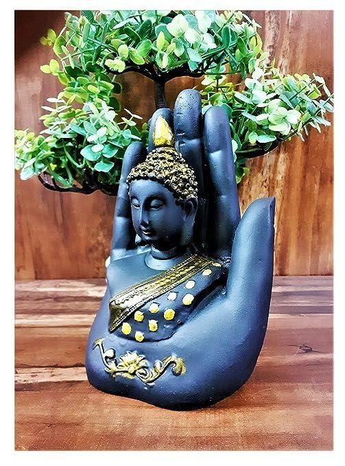 Meditating Palm Buddha Idol – Handcrafted Black Golden Spiritual Decor