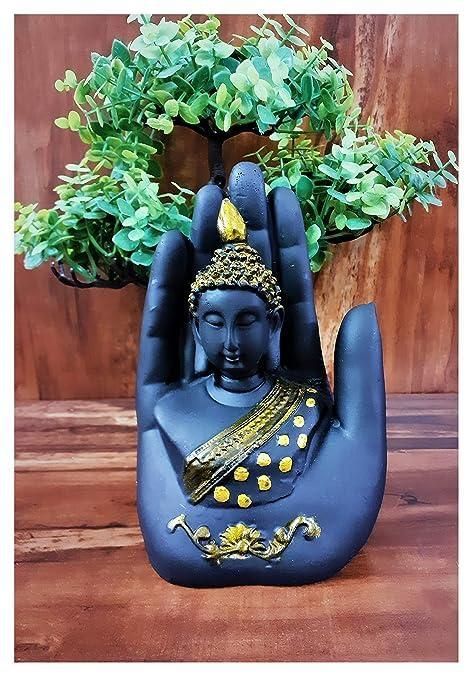 Meditating Palm Buddha Idol – Handcrafted Black Golden Spiritual Decor