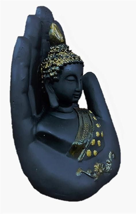 Meditating Palm Buddha Idol – Handcrafted Black Golden Spiritual Decor