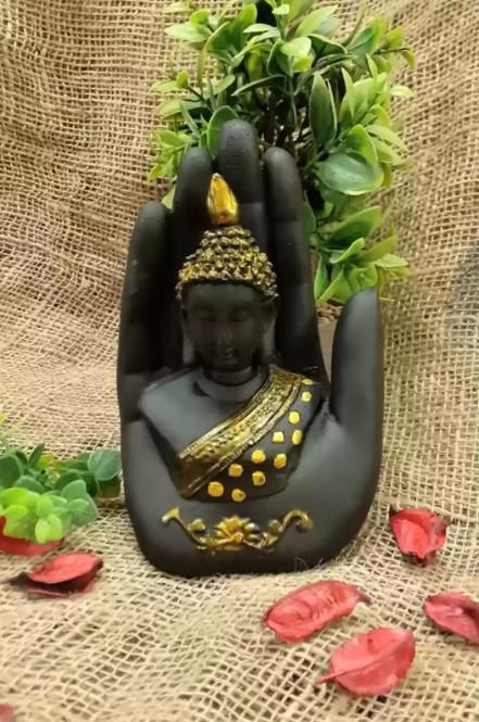 Meditating Palm Buddha Idol – Handcrafted Black Golden Spiritual Decor